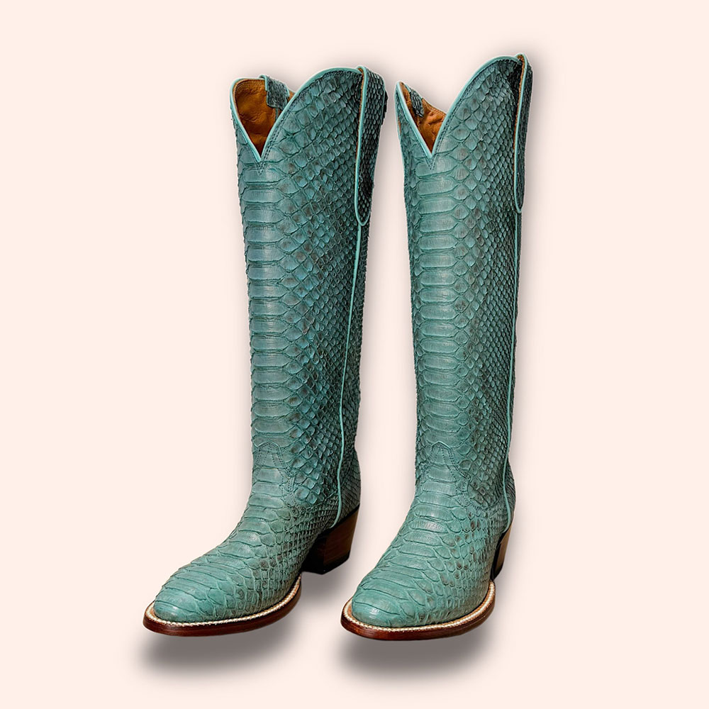 Teal Python Embossed Knee-High Cowgirl Boots with Chunky Heel Nicepairs