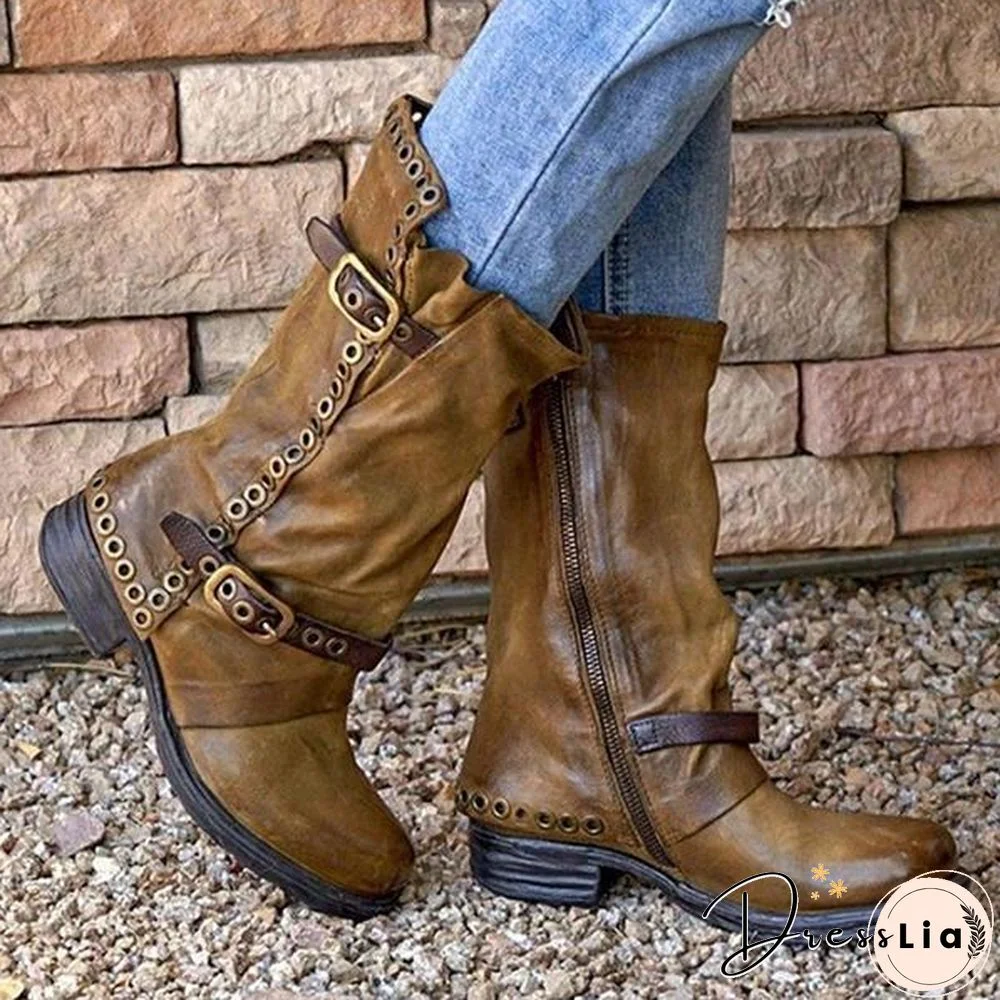 Women Belt Low Heel Mid Boots