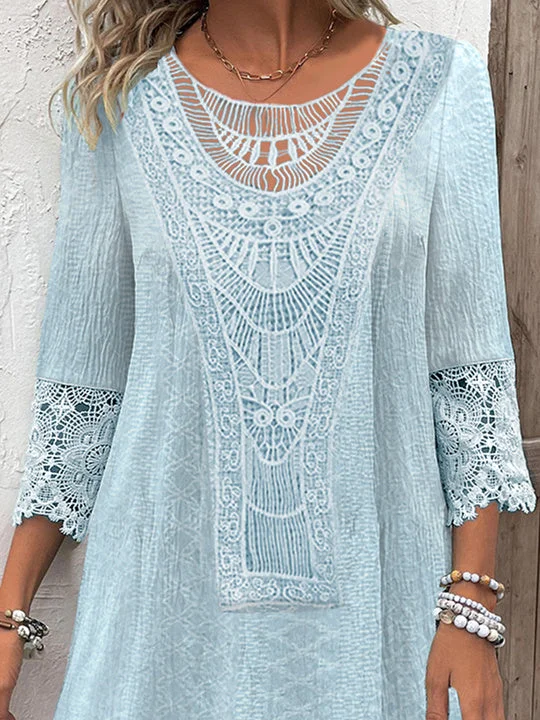 Women's 3/4 Sleeve Scoop Neck Lace Solid Color Midi Dress