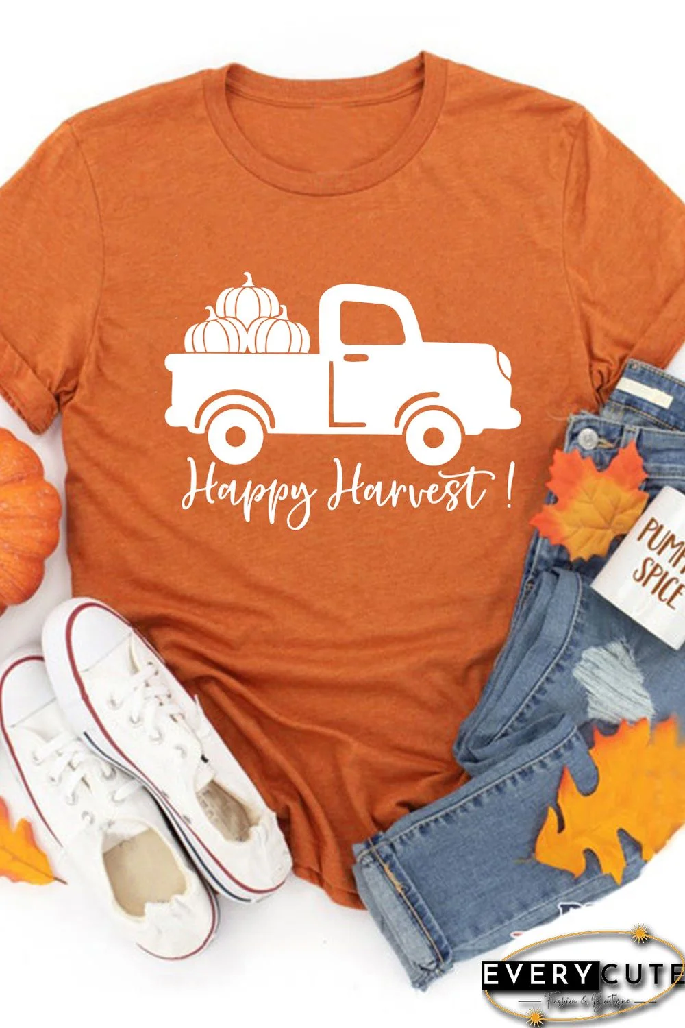 Orange Happy Harvest Pumpkin Truck Print Graphic T Shirt
