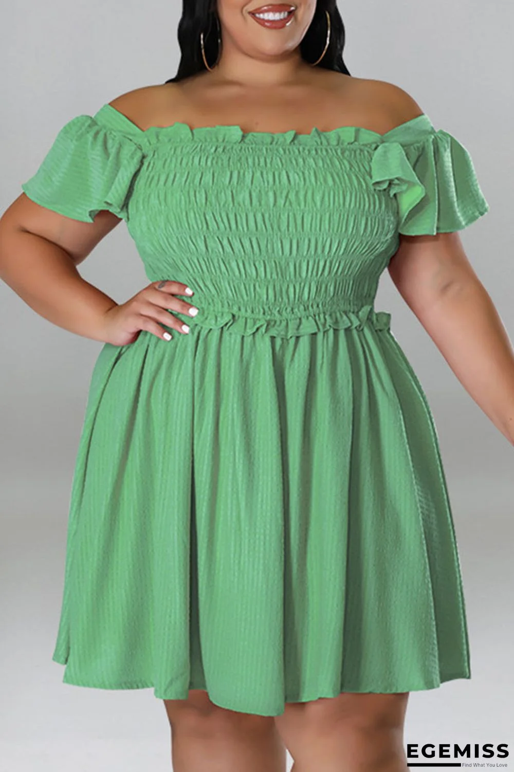 Green Casual Sweet Solid Patchwork Fold Off the Shoulder A Line Plus Size Dresses | EGEMISS