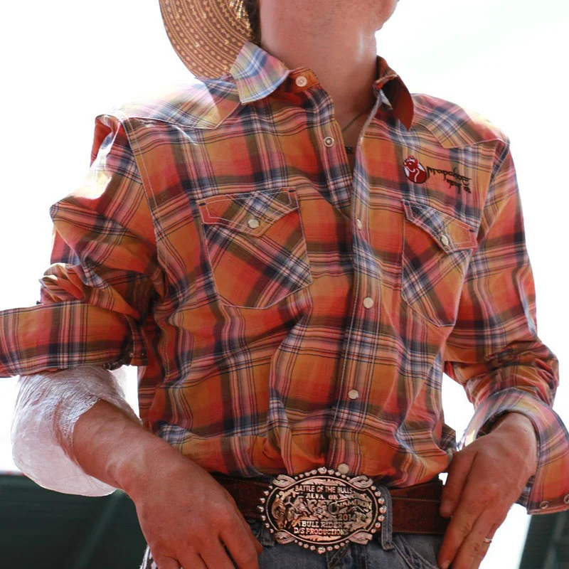 Retro Orange Plaid Western Print Shirt