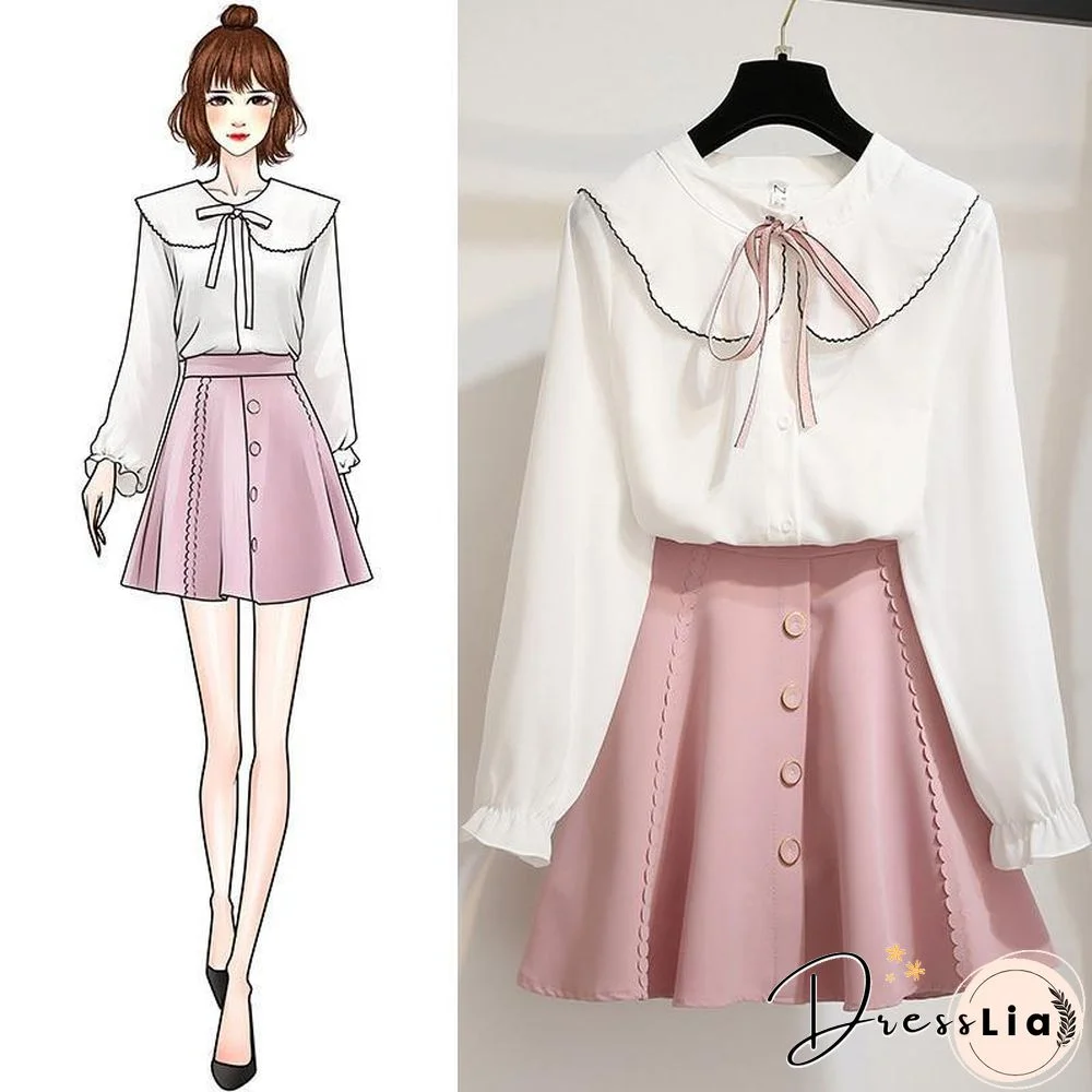 Sweet Lapel Blouse+Button Skirt P15791