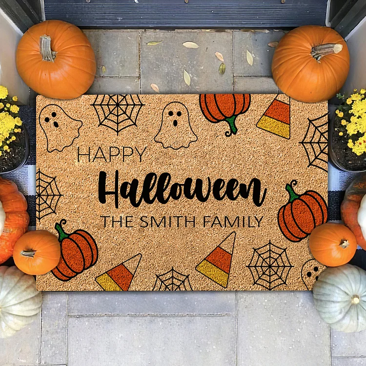Personalized Halloween Doormat Pumpkin Spiderweb Ghost Doormat Home Decor - Happy Halloween
