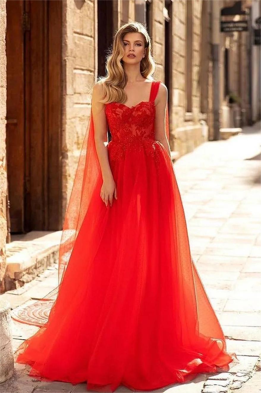 Lvs&Broner Charming Red Spaghetti Strap Sweetheart Sleeveless Prom Dress With Appliques