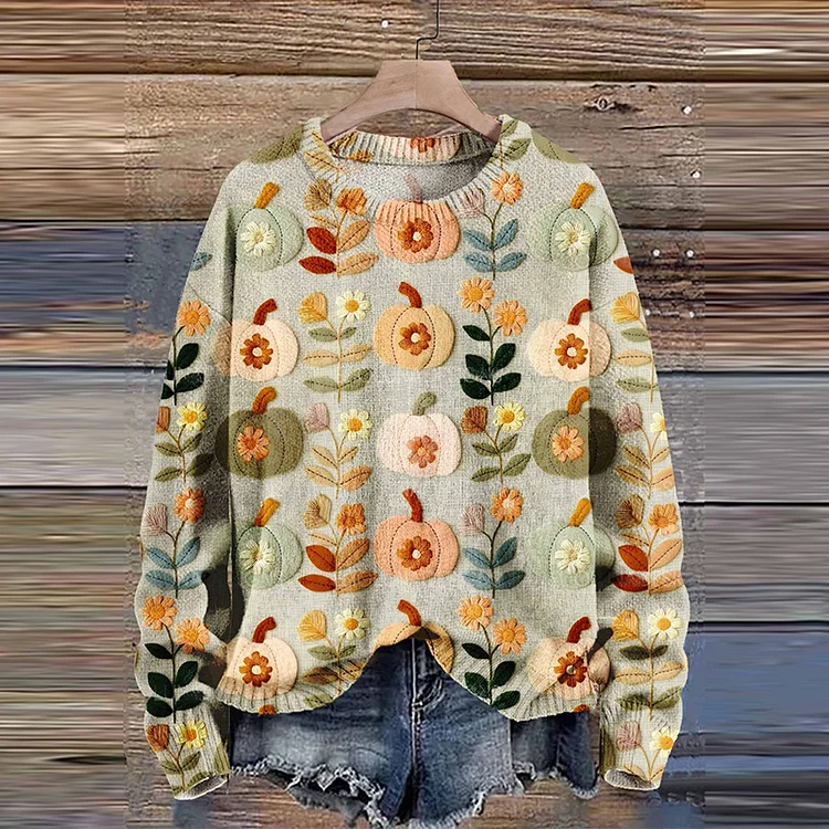 Pumpkin Flowers Autumn Season Halloween Art Print Knit Pullover Sweater