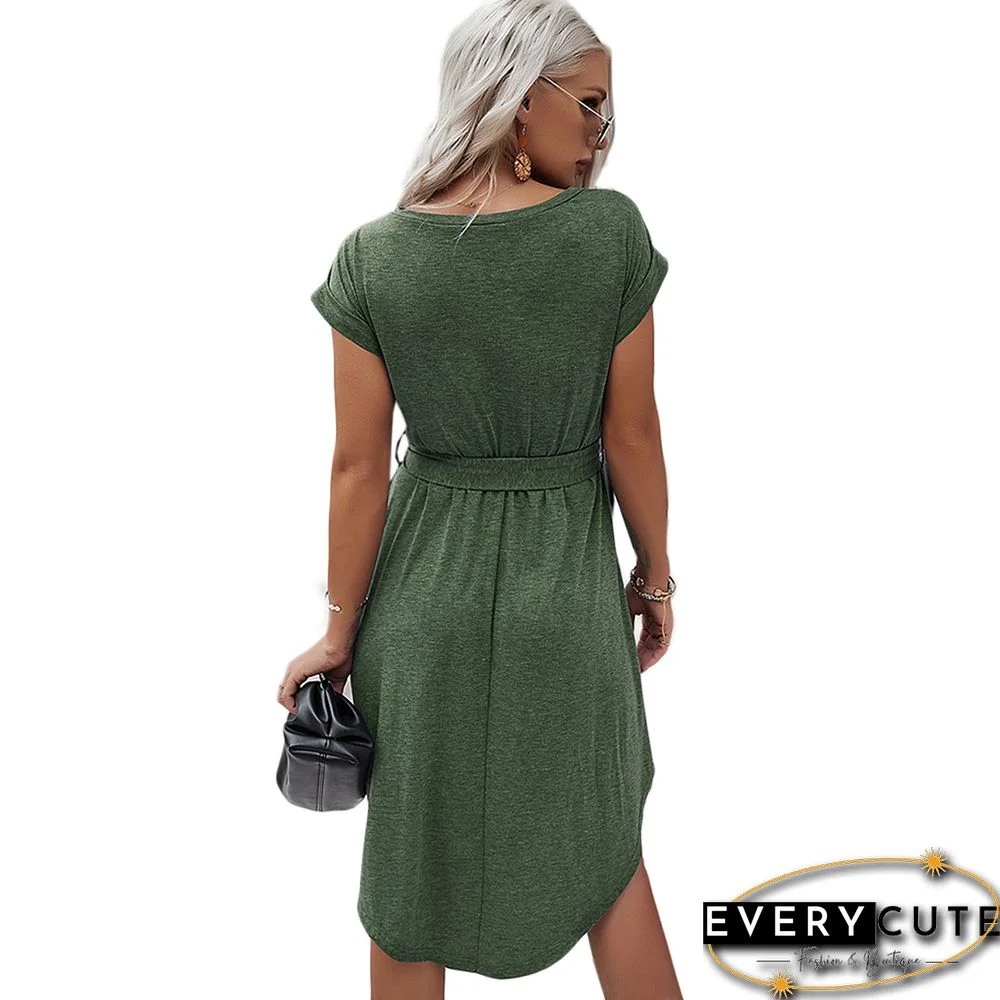 Green Button Up Tie Waist Short Sleeve Knit Dress