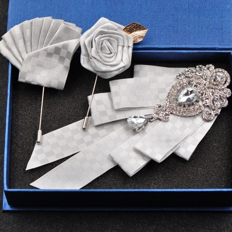 High-quality Fashion Handmade Red Diamond Bow Tie Wedding Collar Bowtie Brooch Pocket Towel Square Set Gifts for Men Accessories