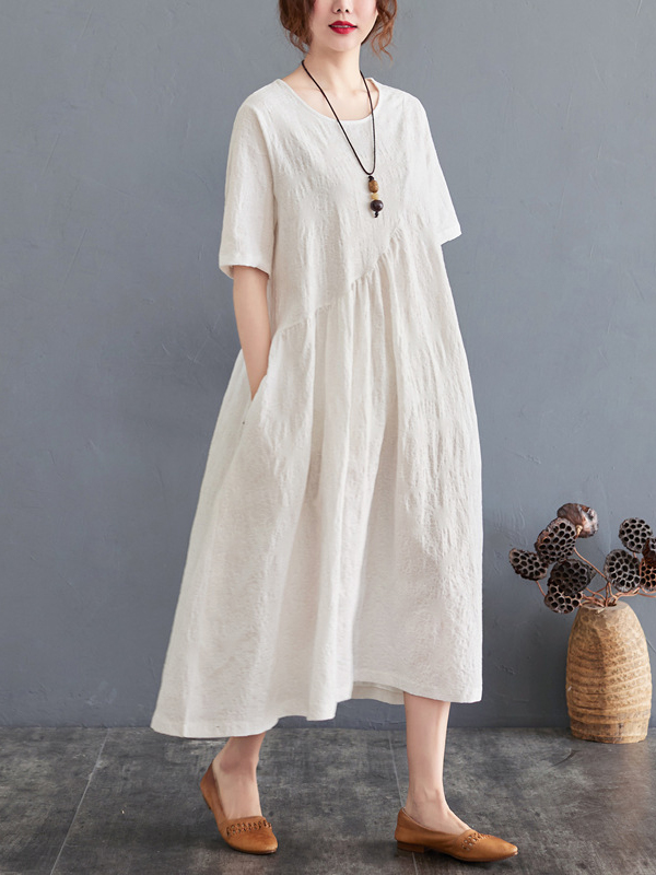 Textured Short Sleeve Round Neck Midi Dress