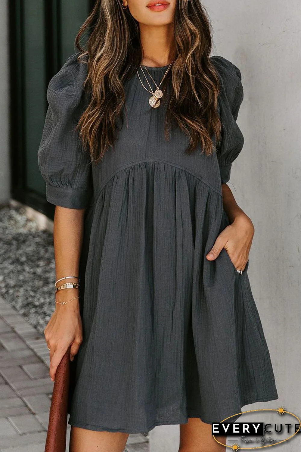 Gray Pocketed Puff Sleeve Empire Waist Swing Short Dress