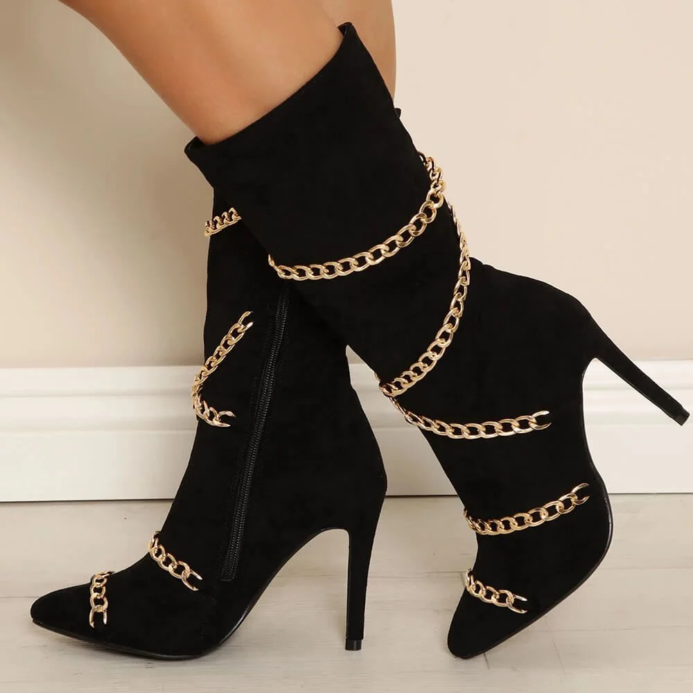 Black Pointed Toe Vegan Suede Chain Stiletto Side Zip Mid-Calf Boots Nicepairs