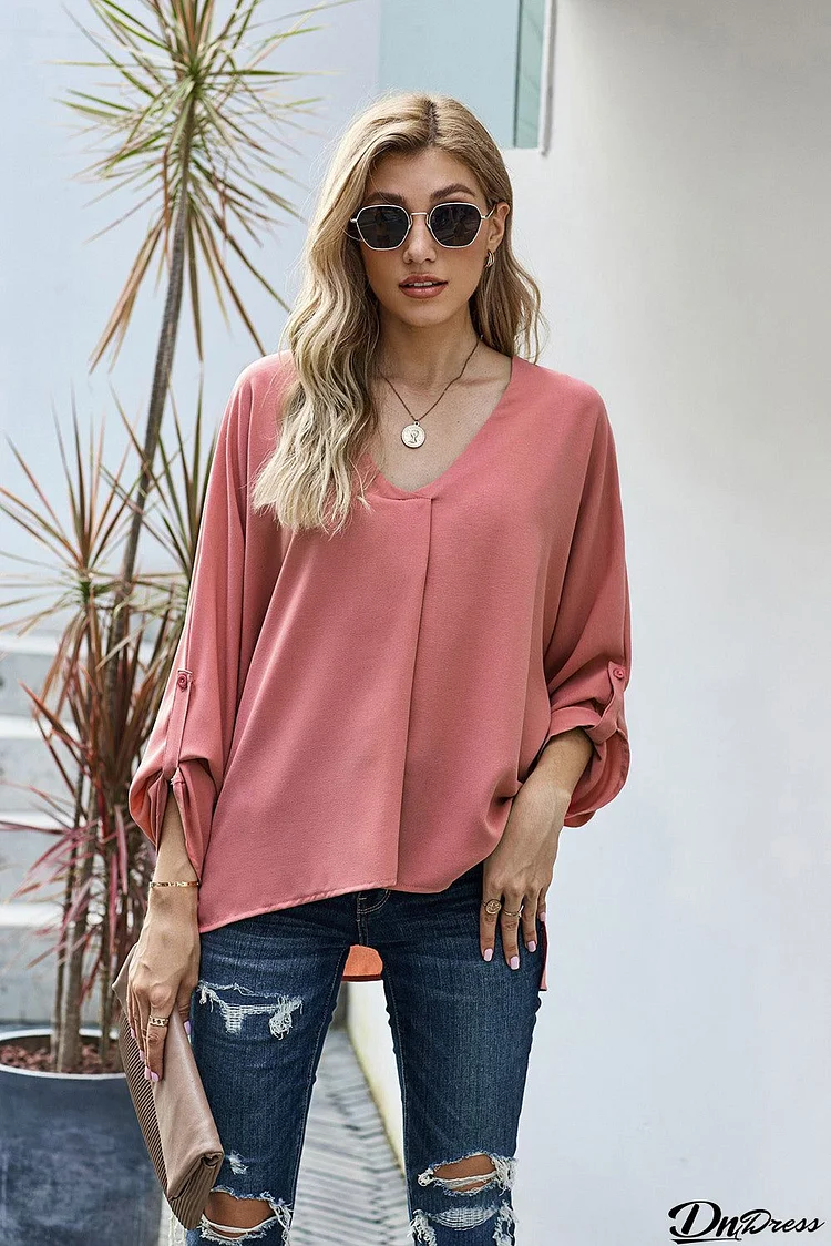 Pink V Neck 3/4 Sleeve High Low Hem Shirt