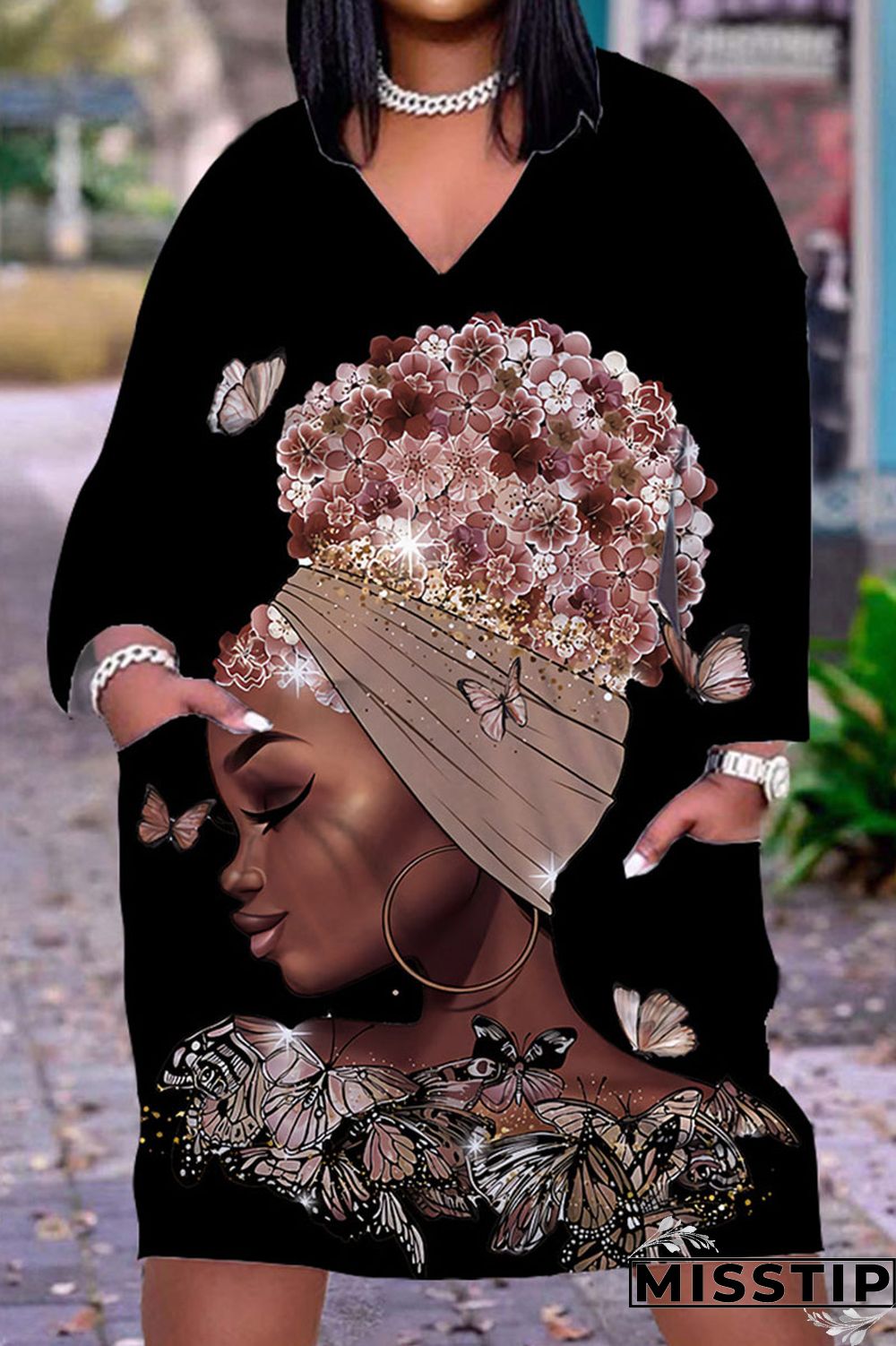 Black Casual Street Print Patchwork V Neck Straight Dresses