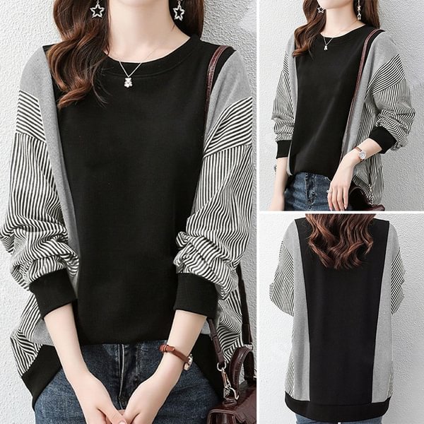 ZANZEA Women Loose Full Sleeve Casual Autumn Crew Neck Top Stripe Patchwork Shirt Blouse Plus Size - BlackFridayBuys