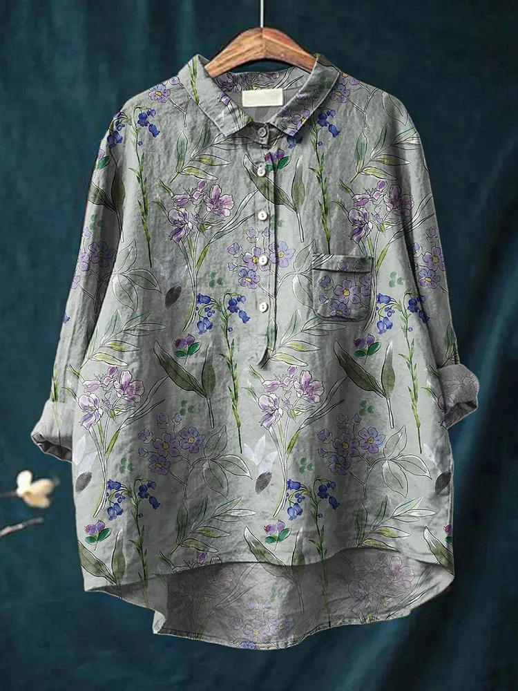 Tranquil Spring Field Pattern Printed Women's Casual Cotton And Linen Shirt