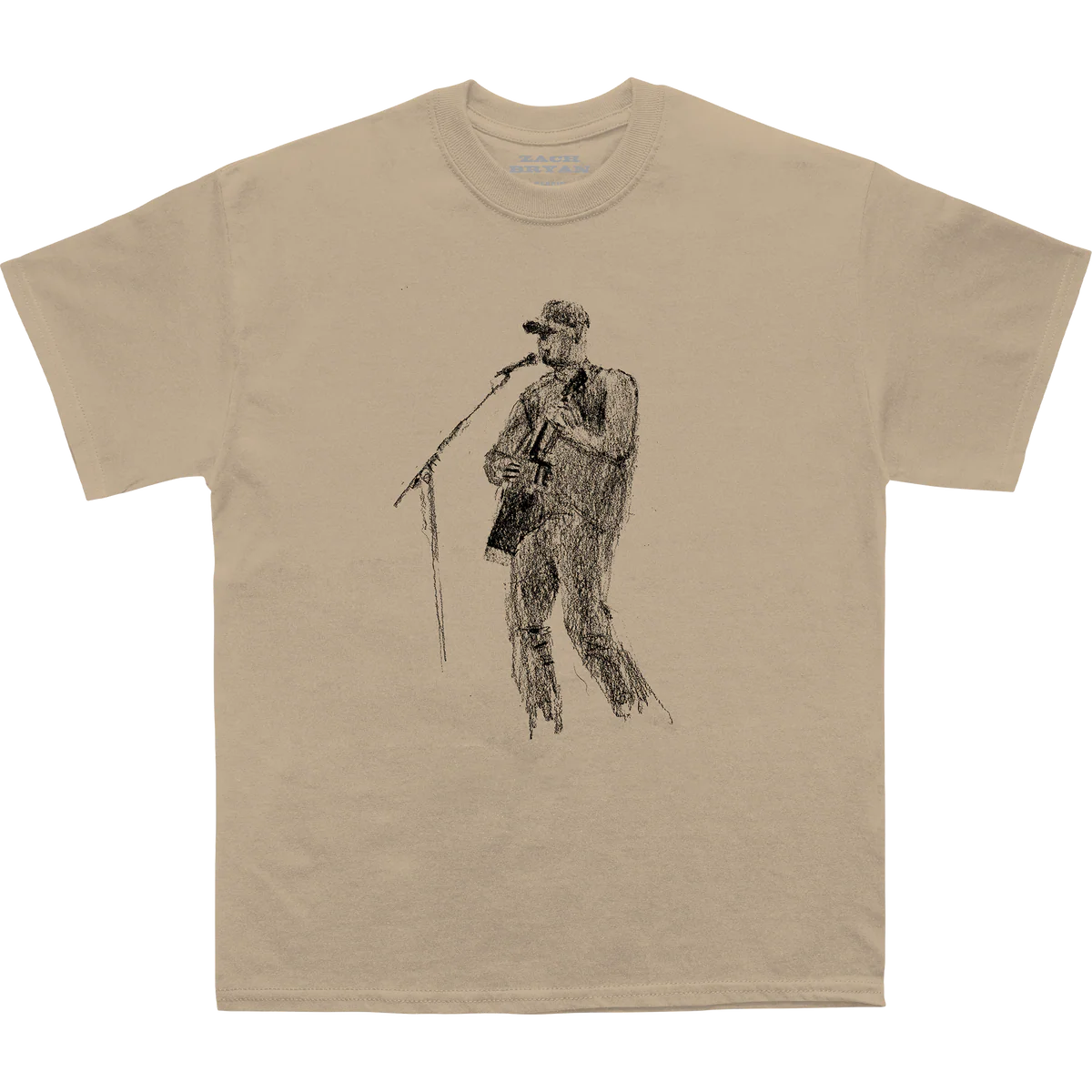 "Zach Bryan sketch style live performance khaki T shirt"