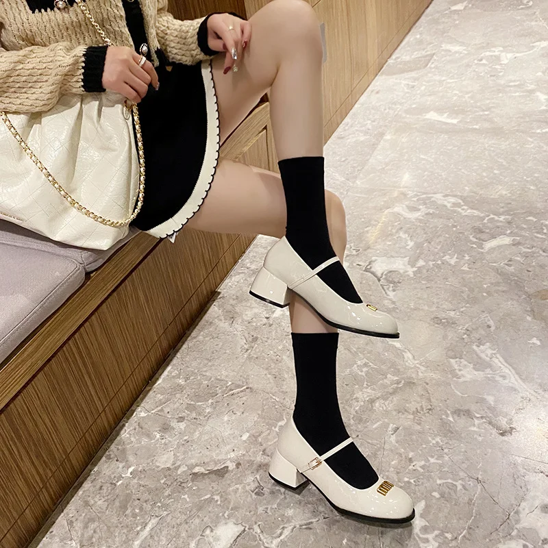 Churchf Churchf Jane Shoes Round Head Shallow Mouth High Heels Retro Casual Small Leather Shoes Thick Heel Single Shoes Women