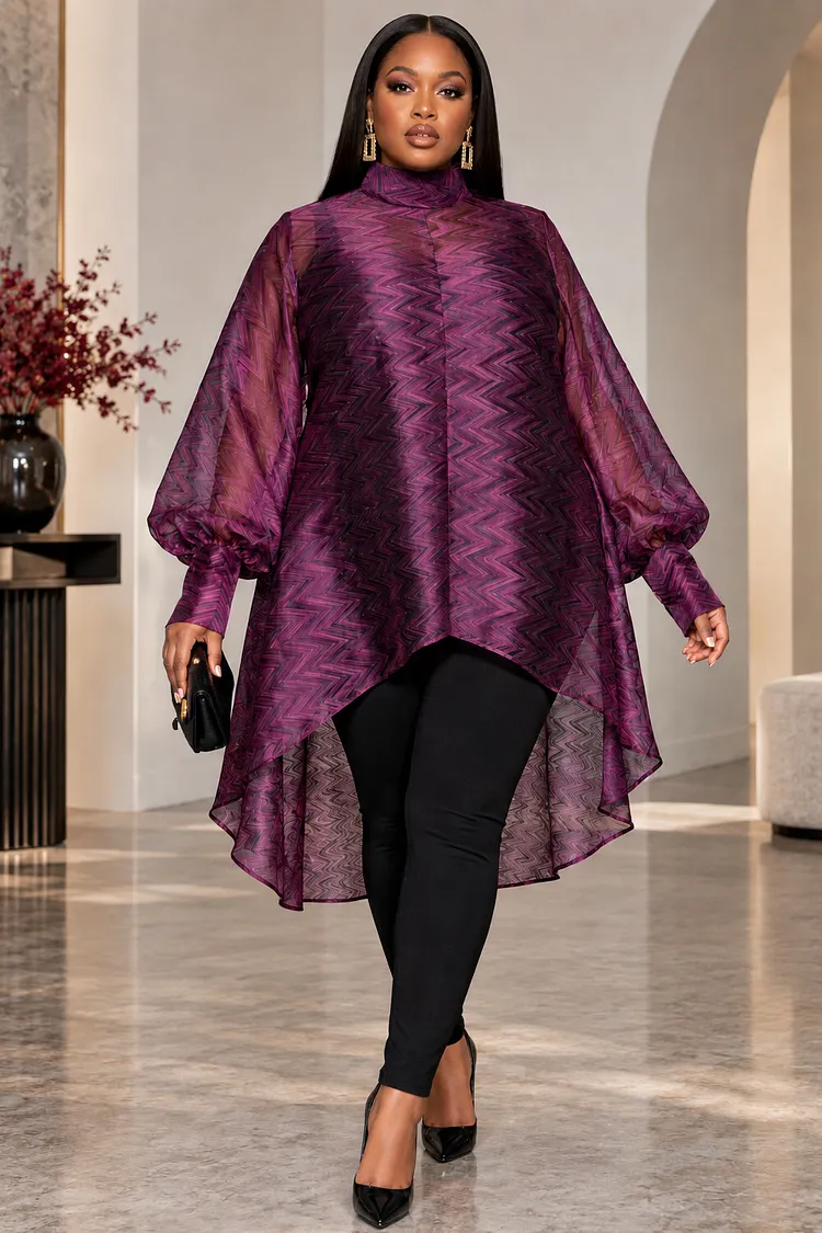 Xpluswear Design Plus Size Daily Purple Water Ripples Stand-Up Collar Long Sleeve Asymmetric Hem Irregular Hem Blouses [Pre-Order] 2024 - Xpluswear