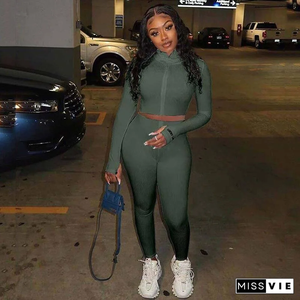 Autumn Ribbed Tracksuit Set Women Two Piece Outfits Work Out Sweat Suits Crop Top Women Set Fitness Sweatsuit Female