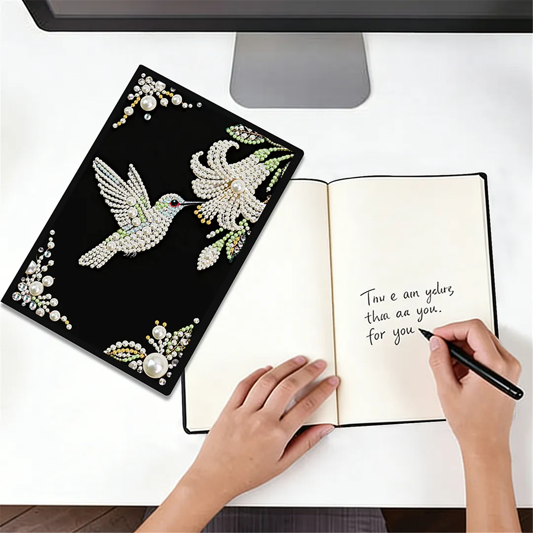 Flowers and Hummingbirds Partial Pearl DIY 50 Pages A5 Diamond Painting Notebook Special Shaped Diamond Art Diary Book Kits Wireless Strip 5D Crystal Art Paintings Sketchbook for Art Drawing