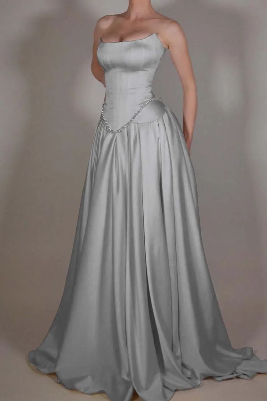 Daisda Exquisite Satin Ivory Sleeveless Strapless Long Pleated Prom Dress with Beadings