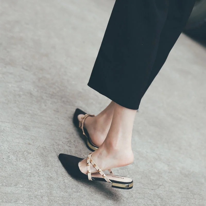 Women Slippers High Quality Muller Shoes Elegant Temperament  2021 New  Rivets Design Female Office Black Casual  Women Shoes