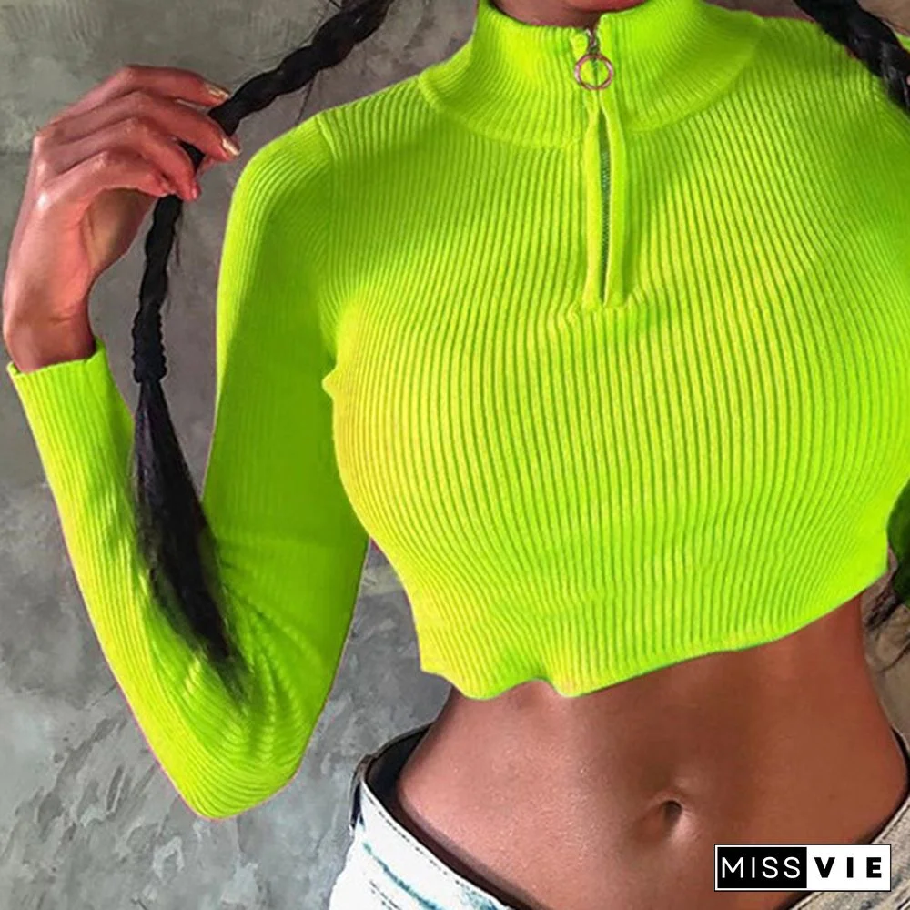Autumn Fashion Women Crop Top Long Sleeves Zipper Crop Top
