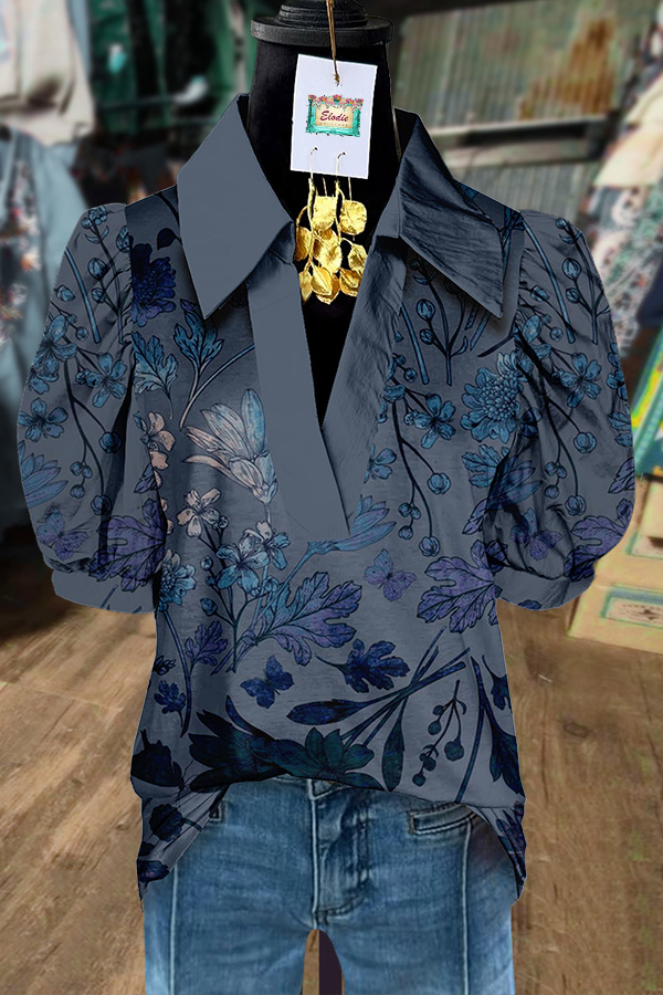 Printed Puff Sleeve Collared Blouse