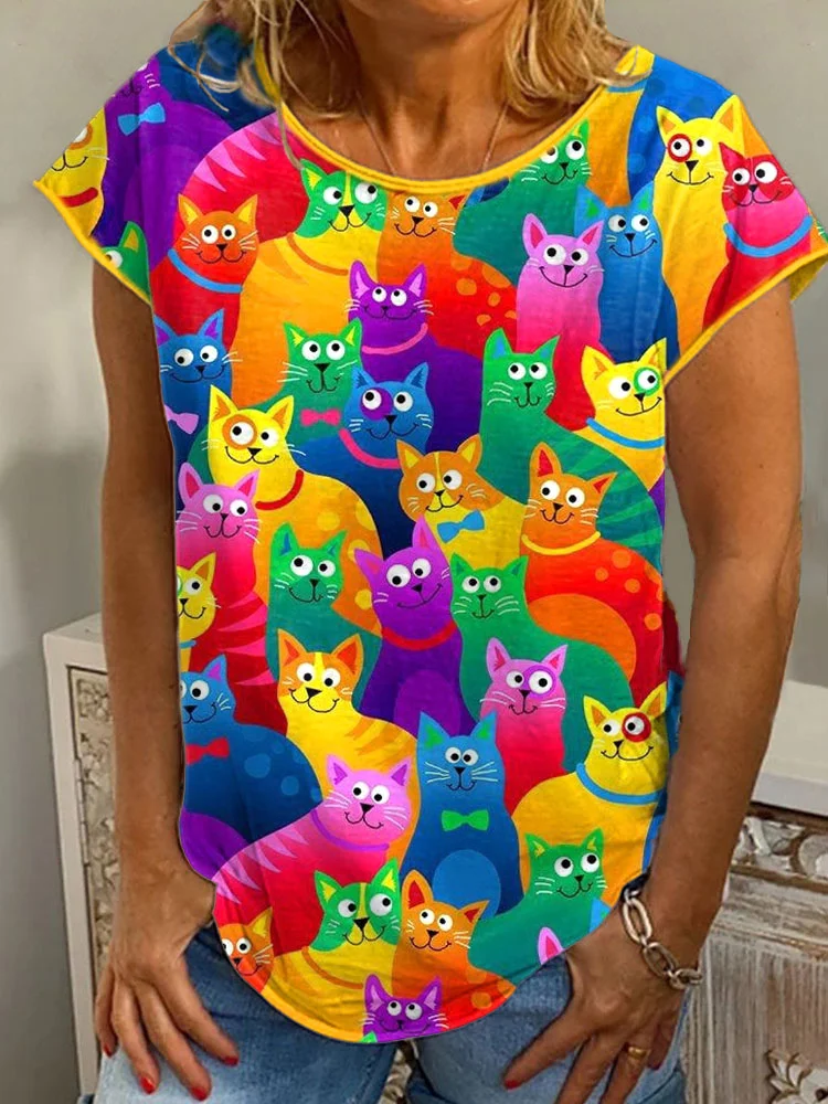 VChics Colorful Cats Print Casual Cotton T-Shirt