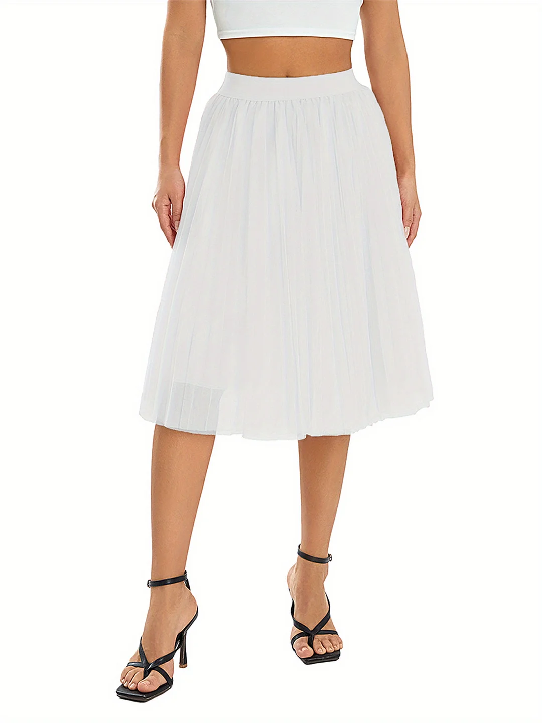 Elegant Style | Elegant High Waist Mesh Skirt For Women - Solid White, Multi-Layer Pleated Design, Lightweight Polyester, Perfect For Summer Fashion And Casual Wear, Maxi Skirt | IFYHOME