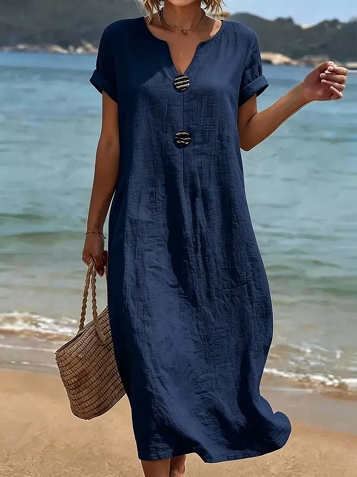 Women's Midi Dress Beach Dress Casual Dress Summer Dress Basic Classic Daily Vacation Loose Fit Plain Short Sleeve V Neck White Navy Blue Green Summer Spring 2026 - €33.99 –P3