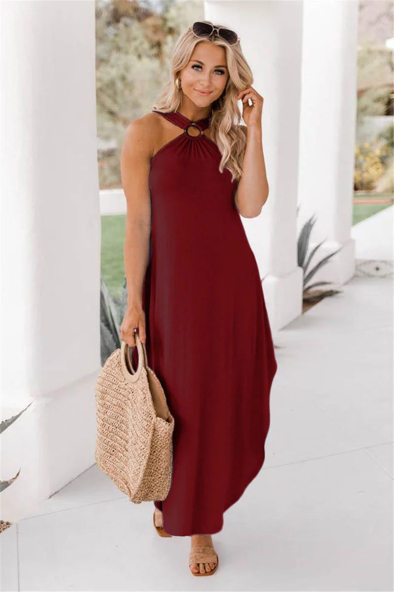 Off-shoulder Casual Comfortable Halter Neck Long Pocket Holiday Dress