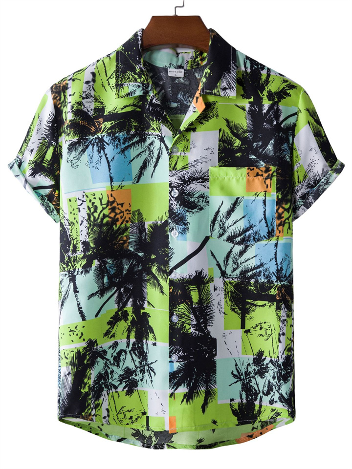 Men's Floral Printed Hawaii Short Sleeve Loose Fit Shirt Standing Collar Cardigan Casual Comfortable Fashion Menswear
