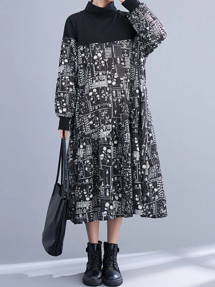 Printed Paneled Long-sleeve Dress