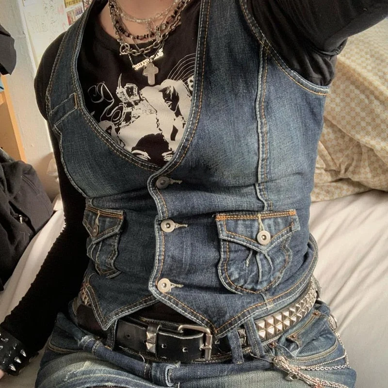 Rapcopter Y2K Pockets Jeans Corset Top Button V Neck Cargo Retro Sweats Tank Tops Women Streetwear Aesthetic Vest Summer 90s Tee