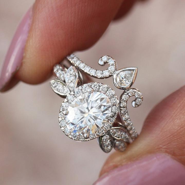 Oval Halo Floral Sterling Silver Wedding Bridal Set
