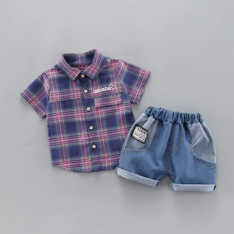 Boys Clothes Kids Baby Boy Plaid Shirt Jeans Summer Clothing Set Short Sleeve Cotton Suit Children Clothing Boys Outfit