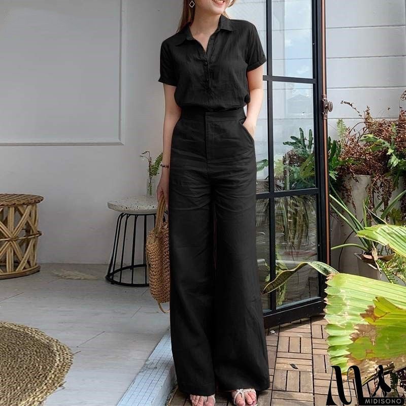 MidiSono - Women Fashion Casual Solid Color Lapel Short Sleeve Top Pants Two-Piece Set