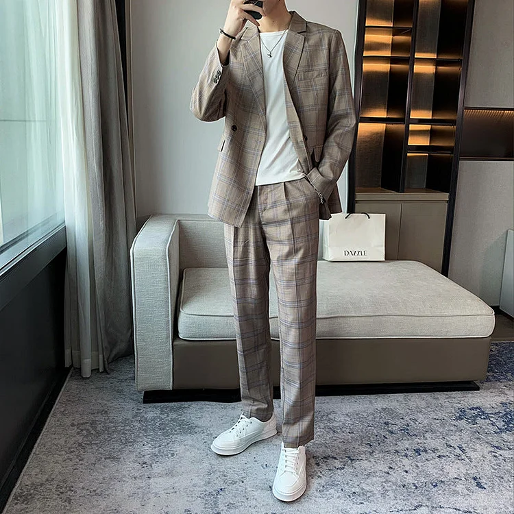 Seersucker Suit Leisure Suit Coat Top Plaid Single Breasted Two-Piece Set Men's Clothing