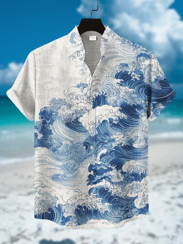 Men's Waves Watercolor Art Print Short Sleeve Shirt