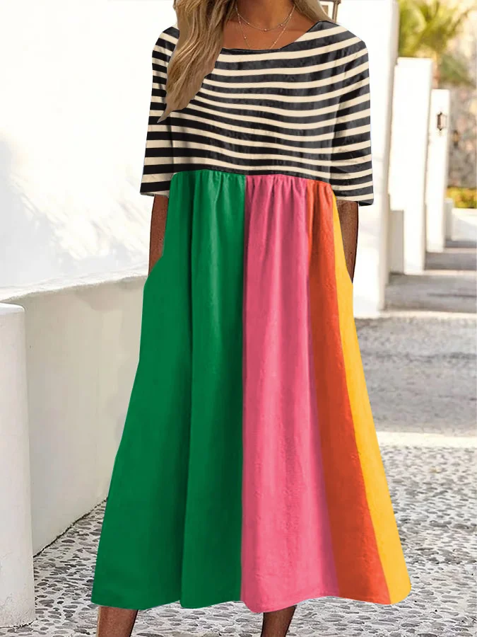 Retro Abstract Geometric Print Round Neck Pocket Midi Dress
