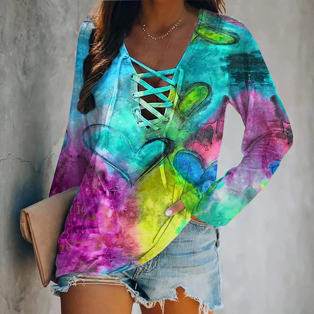 Women Casual Print Pullover V Neck up Blouse Tops 