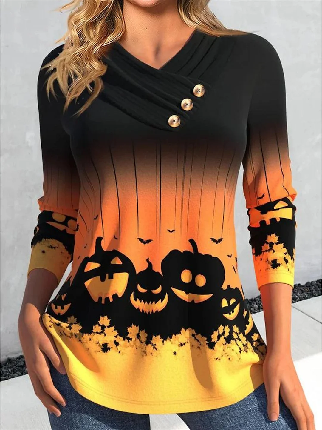 Women Long Sleeve V-neck Printed Pumpkin Gradient Halloween Tops