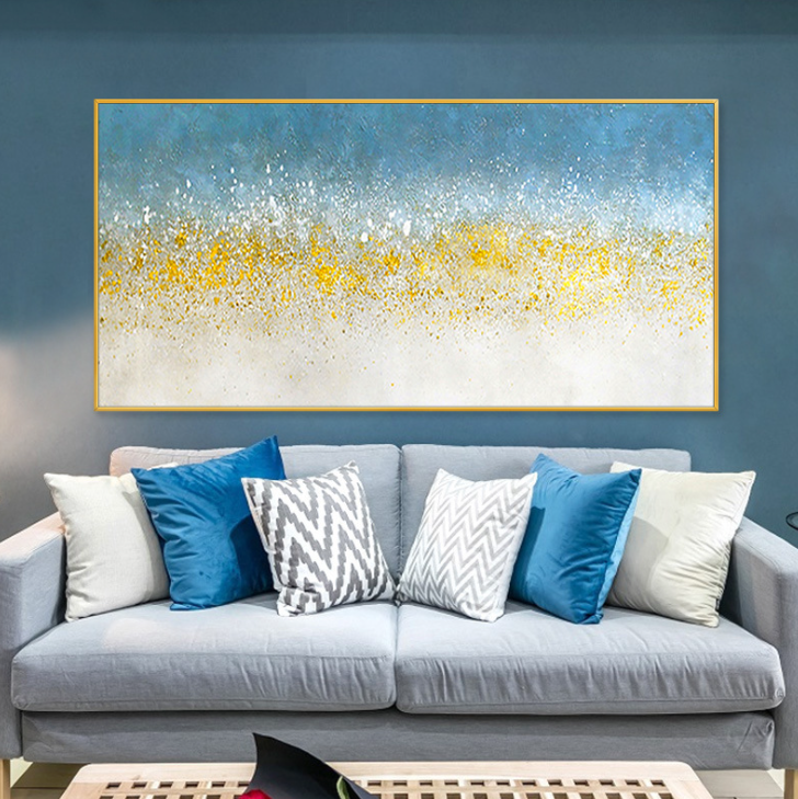 Modern Nordic Style Handmade Canvas Surface Abstract Golden And Blue Landscape Wall