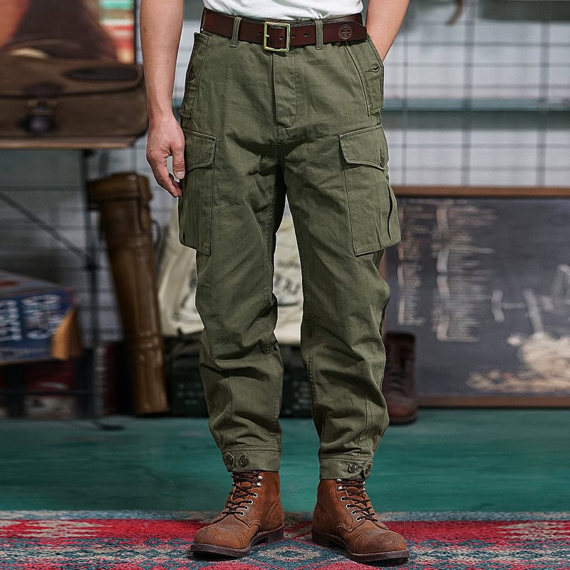 Vintage High Waist Tapered Herringbone Cotton Cargo Cropped Pants