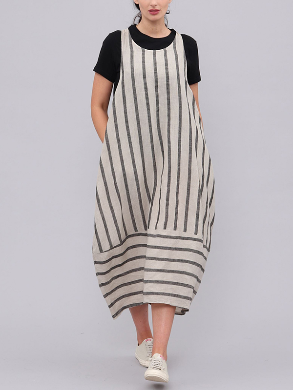 Sleeveless Round Neck Striped Midi Dress