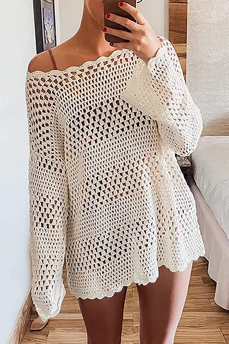 Knit Hollow Out Long Sleeve Cover Ups Mini Dresses-White
