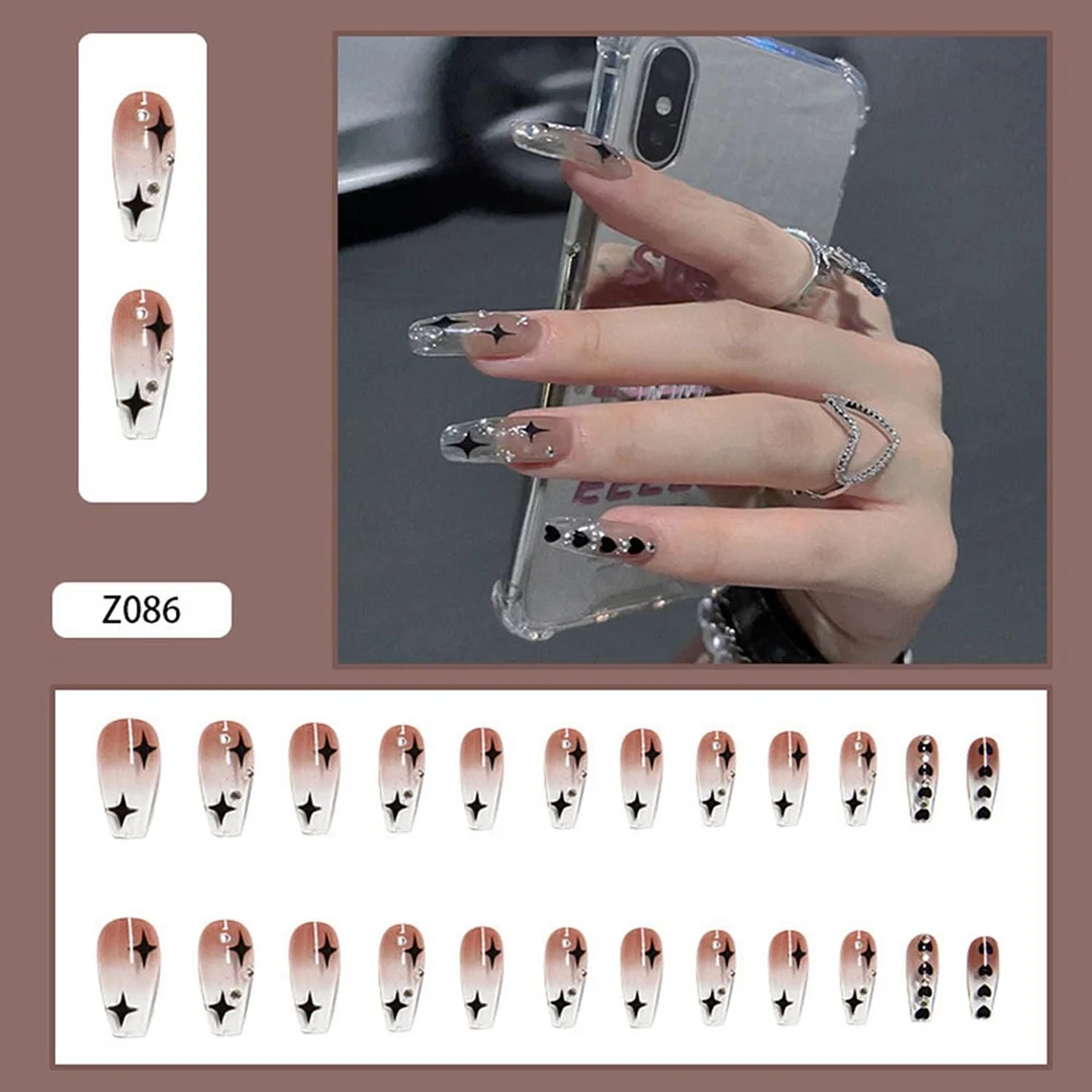24pcs Coffin Fake Nails Long Mixed Black White Blood Pattern Press On Nails with Glue Removable Ballerina False Nails Full Tips-Nail Inspo