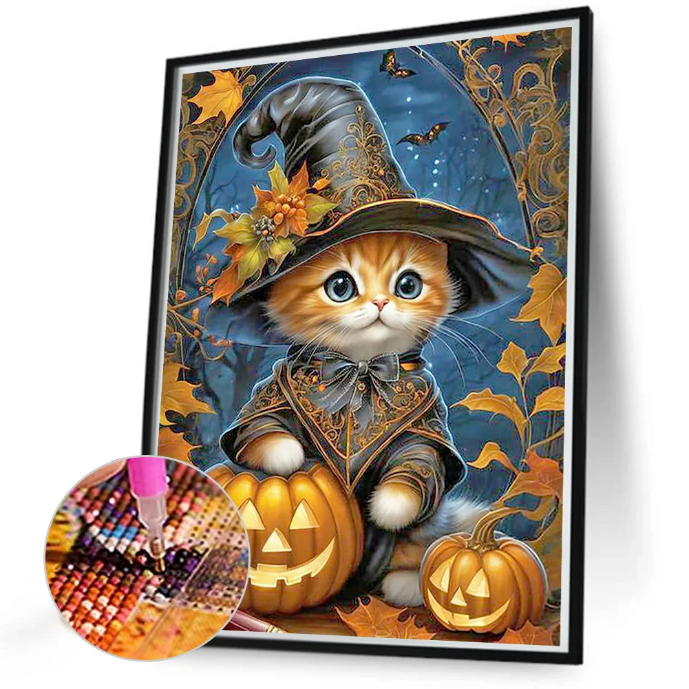 2pcs Diamond Painting - Full Round Drill - Halloween Pumpkin Cat(Canvas|30*40cm)