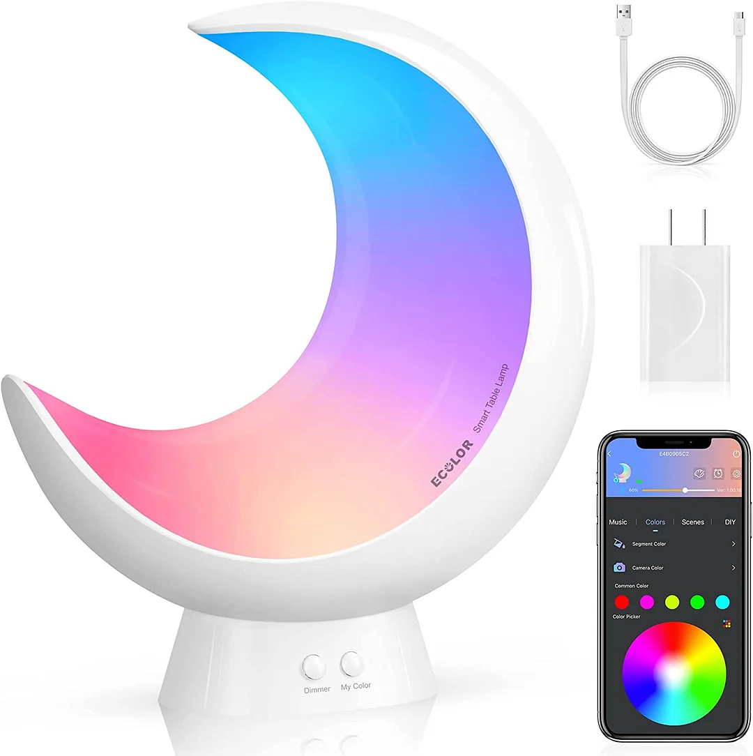 Inteligentna lampa biurkowa, ECOLOR ściemniana lampka nocna ładowalna, Segmentowa kontrola APP zmieniająca kolor lampy RGB, Odpowiednia dla dzieci w trybie synchronizacji muzyki, Bezprzewodowy księżyc LED lampa dotykowa, Odpowiednia dla sypialni salon